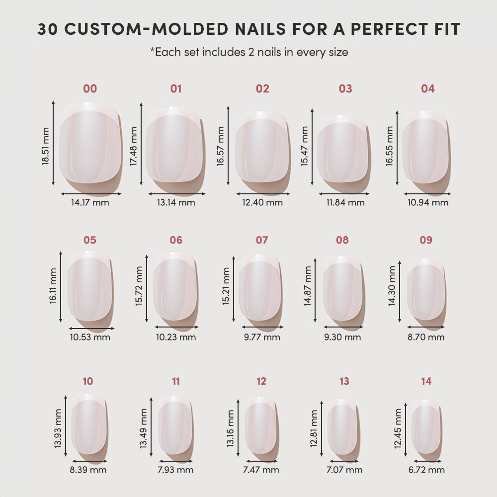 A chart displays 15 sizes of custom-molded Soft Tulle short squoval nails by glamnetic, each labeled with its width and length measurements. Two press-on nails are shown for every size, illustrating that each Soft Tulle set by glamnetic contains a total of 30 nails. - Product image