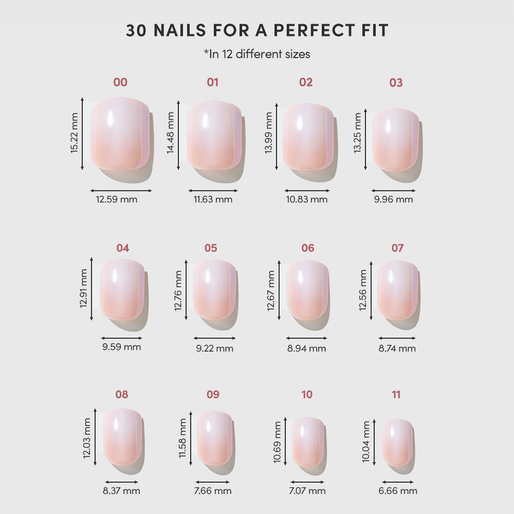 A chart displays 12 sizes of glamnetic Soft Whip pink super short press-on nails, each labeled by number, width, and length in millimeters, arranged in rows for easy comparison. - Product image