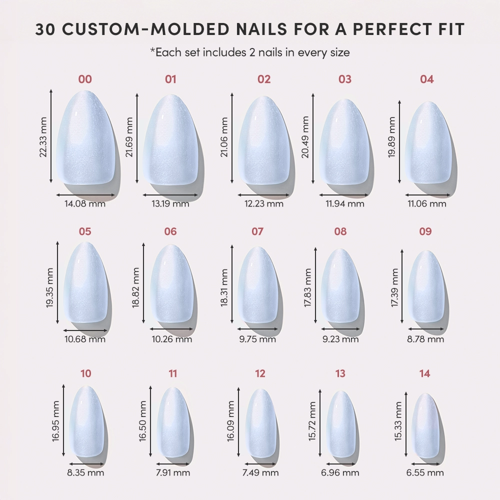 The Something Blue set by glamnetic features a chart of 15 custom-molded nail sizes (01-15) with width and length in millimeters. Each salon-quality set includes 2 nails per size, providing a total of 30 nails. - Product image