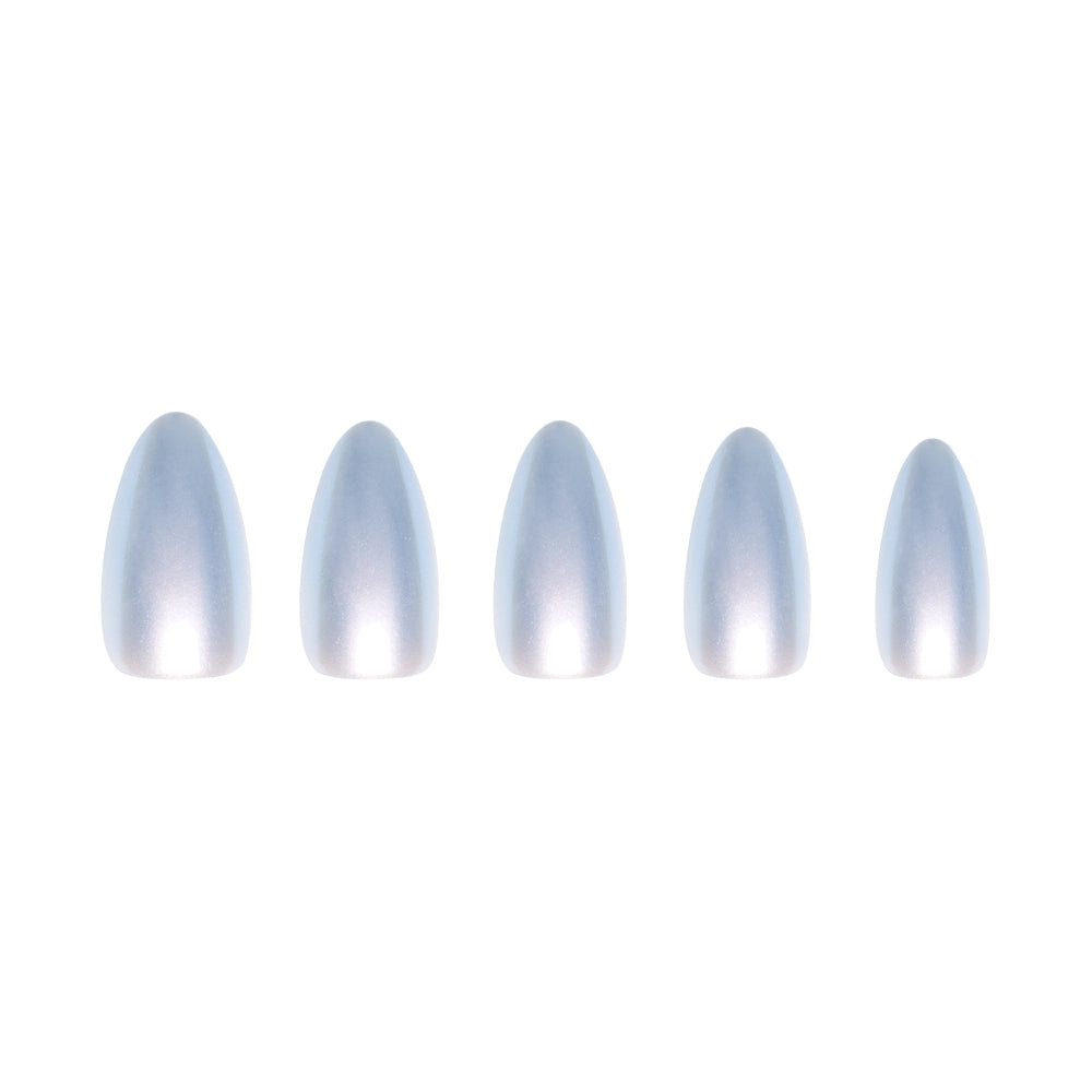 Five iridescent, pale silver short almond nails from glamnetics Something Blue collection are arranged in a row on a white background, providing salon-quality nails at home. - Product image