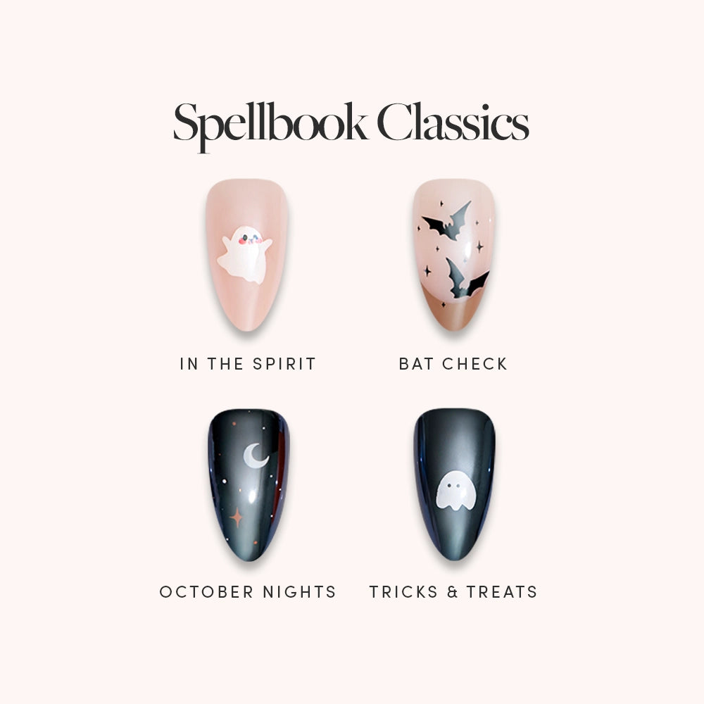 Glamnetic’s Spellbook Classics features four Halloween-inspired almond-shaped press-on nail designs—In the Spirit (ghost), Bat Check (bats with stars), October Nights (moon with stars), and Tricks &amp; Treats (ghost)—making it the perfect set for spooky season styling.