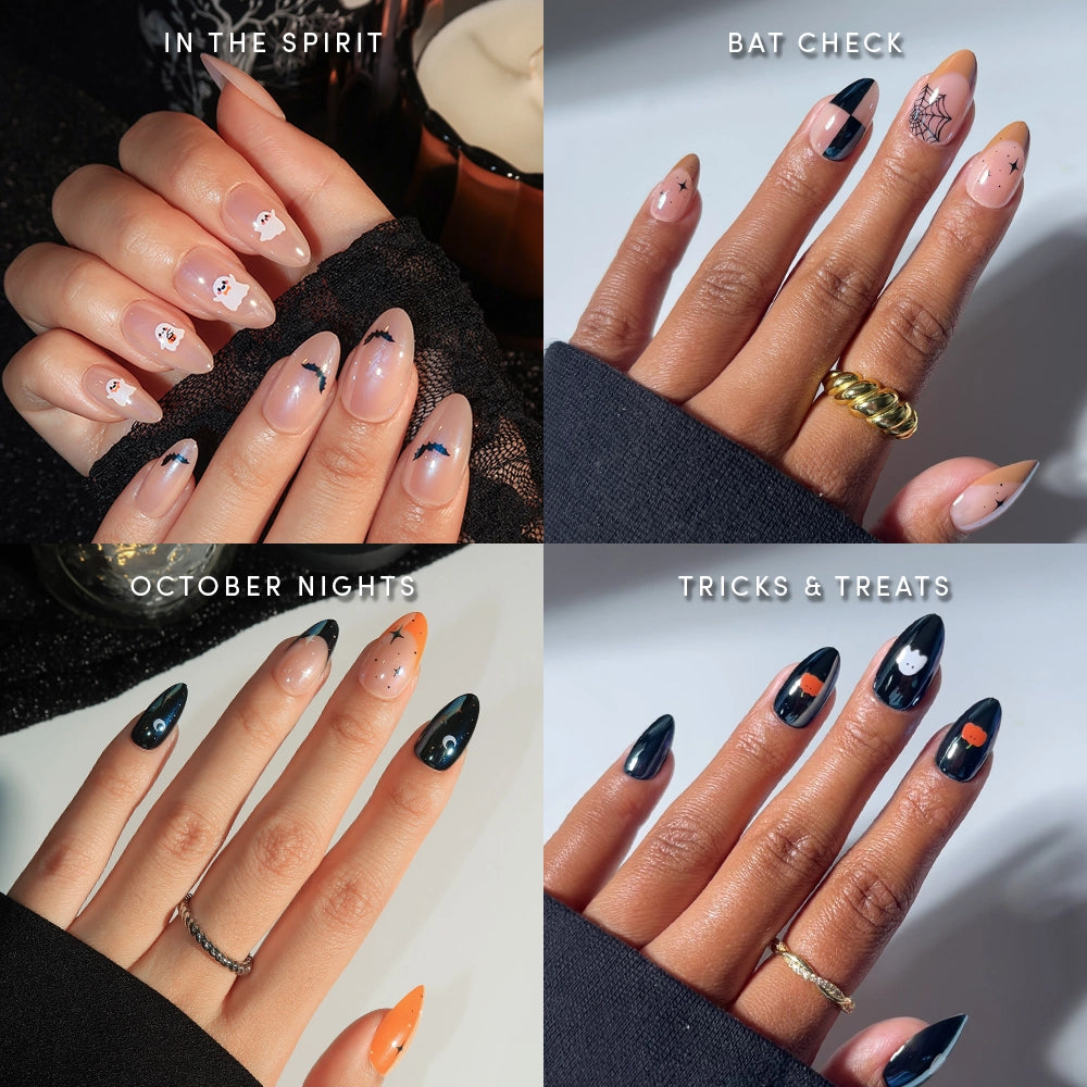 A four-part collage showcasing glamnetic’s Spellbook Classics Halloween nail art: In the Spirit (ghosts/bats), Bat Check (web/checkered tips), October Nights (moons/stars on black/orange), and Tricks & Treats (glossy black with ghosts and pumpkins).