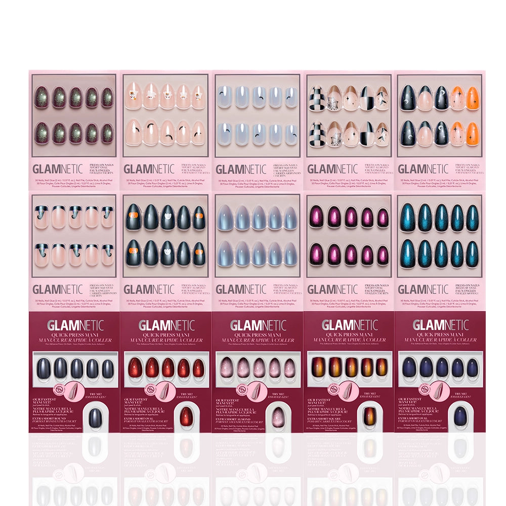 Ten boxes from the glamnetic Spells & Sparkles Collection of press-on nails, arranged in two rows, each featuring a unique design. The assortment showcases a variety of nail patterns—including solid colors, artistic patterns, gradients, and even a festive Halloween-themed set—delivering salon-quality results right at your fingertips. - Product image