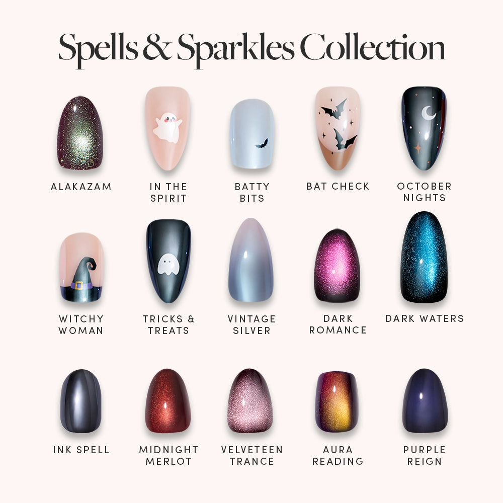 The glamnetic Spells & Sparkles Collection nail polish display presents 15 unique nail designs, each labeled with its own name and showcasing a range of finishes—from glitter and metallic to fun Halloween-inspired art like ghosts, bats, and witch hats. This festive set includes trendy press-on nails for a fast and enchanting salon-quality manicure at home. - Product image