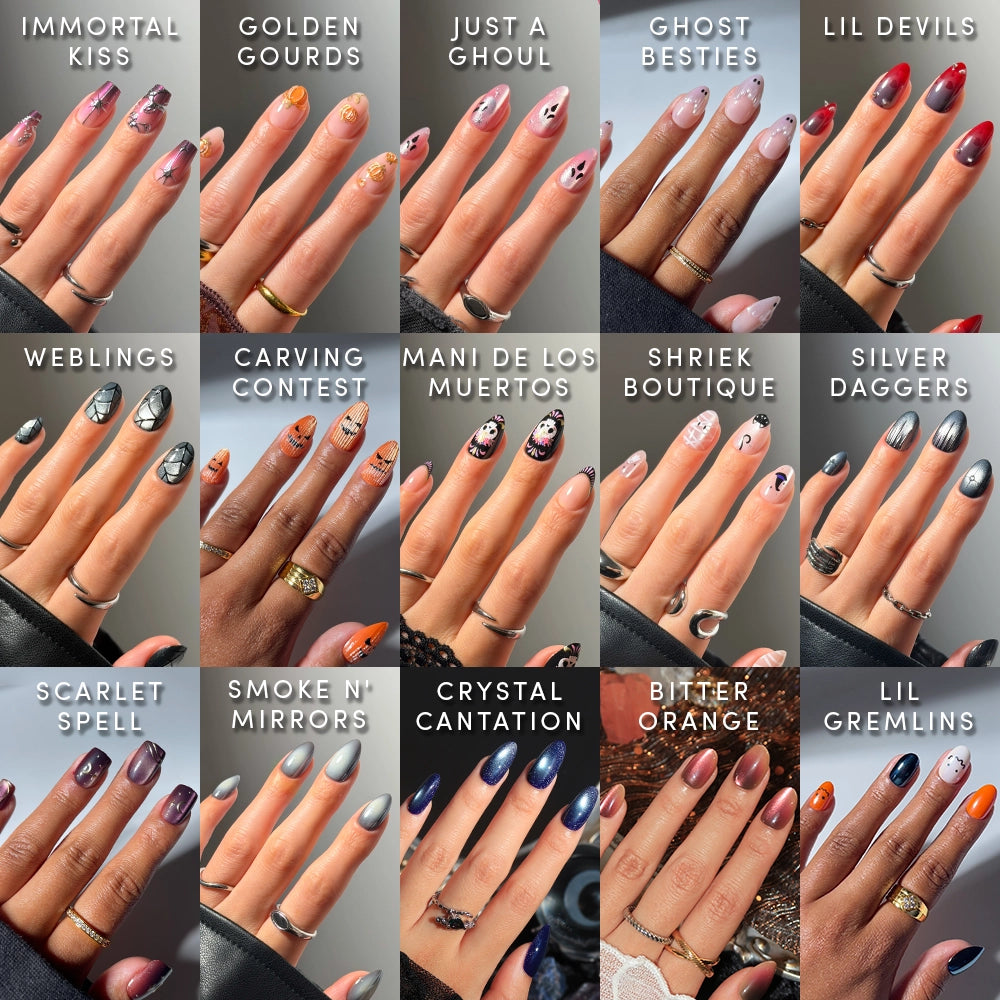 A grid of fifteen manicured hands displays Halloween-inspired nail art from the Spells & Sparkles Collection by glamnetic, each design uniquely named and featuring bold shades like black, orange, silver, and blue with intricate seasonal details. This Halloween nail set delivers salon-quality nails for a playful yet professional finish. - Product image