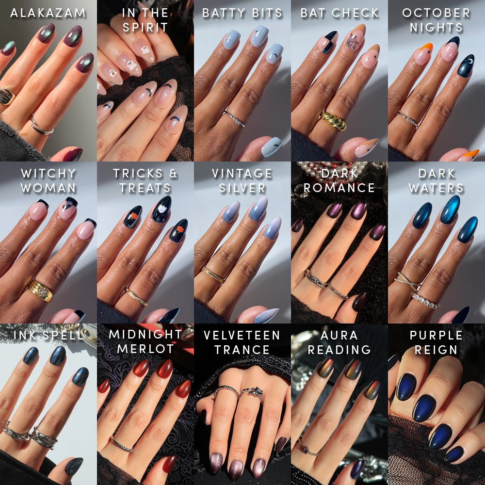 A grid of 16 hands showcases diverse gel nail polish designs from the Spells & Sparkles Collection by glamnetic, each labeled with a unique name like ALAKAZAM, BAT CHECK, DARK WATERS, and more. Featuring an array of colors and nail art styles inspired by Halloween, these salon-quality nails offer creative inspiration for fans of both gel manicures and press-on nails. - Product image