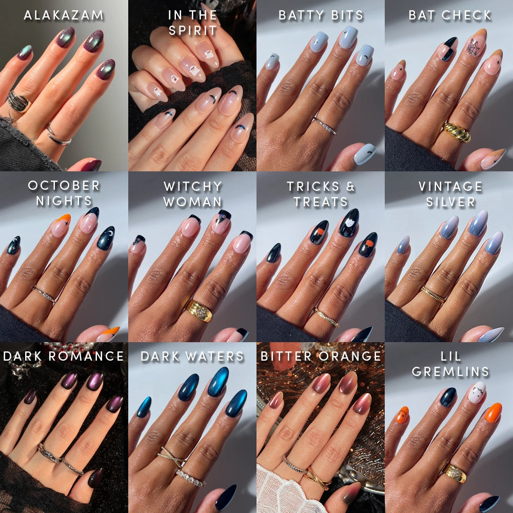A collage displays twelve distinct manicures from glamnetic’s Spells & Sparkles: The Glue-On Grimoire, each showcasing unique Halloween-inspired designs and names like Alakazam, In The Spirit, Batty Bits, and Lil Gremlins. The hands feature a variety of nail polish colors and patterns with salon-quality durability for long-lasting style. - Product image