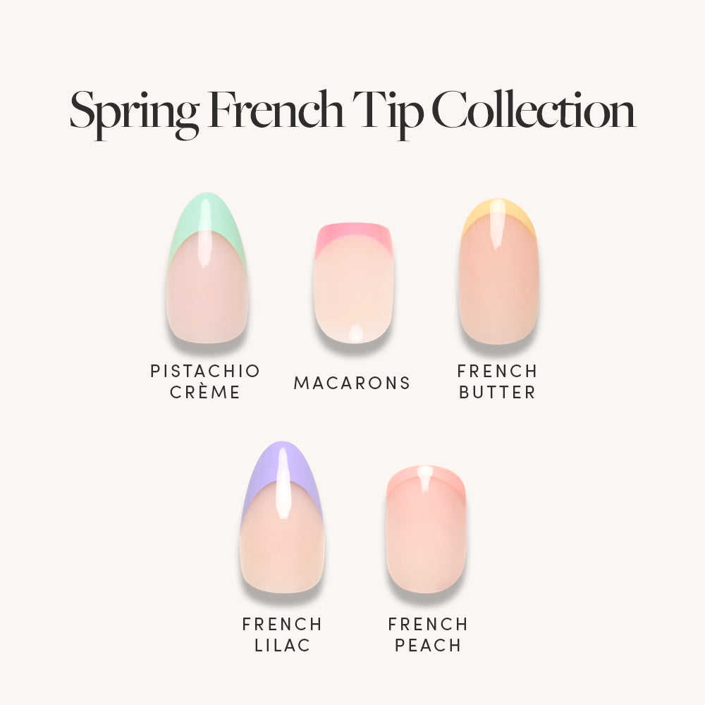 The glamnetic Spring French Tip Collection features five pastel press-on nail designs: Pistachio Crème (green), Macarons (pink), French Butter (yellow), French Lilac (purple), and French Peach.