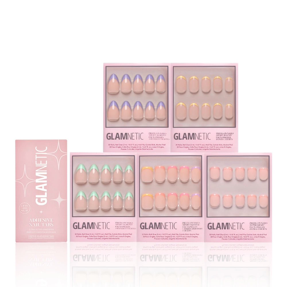 Six boxes of the glamnetic Spring French Tip Collection are displayed in two rows, featuring pastel pink, purple, blue, yellow, and green press-on nails with chic French tips. A larger box is on the left. - Product image