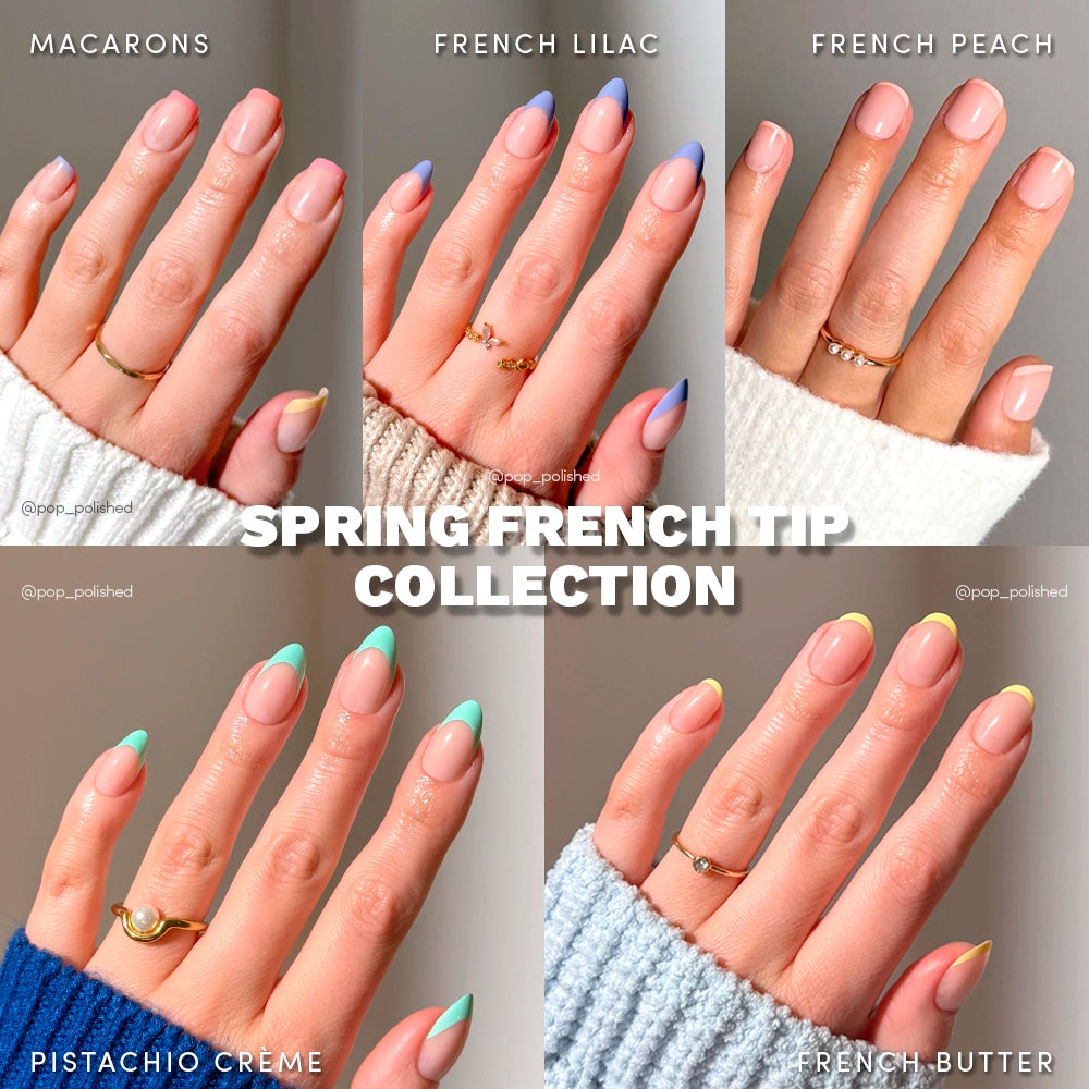 A collage shows hands with glamnetics Spring French Tip Collection press-on nails, featuring pastel French tips in Macarons, French Lilac, French Peach, Pistachio Crème, and French Butter. Text: Spring French Tip Collection.
