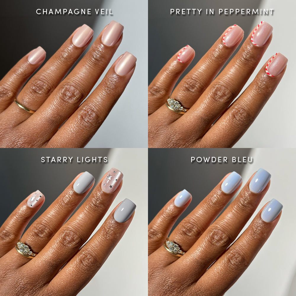Squoval Stockings - Four views of Glamnetic Squoval Stockings: Champagne Veil in light pink, Pretty in Peppermint with candy cane stripes, Starry Lights with silver glitter and stars, and Powder Bleu in light blue.