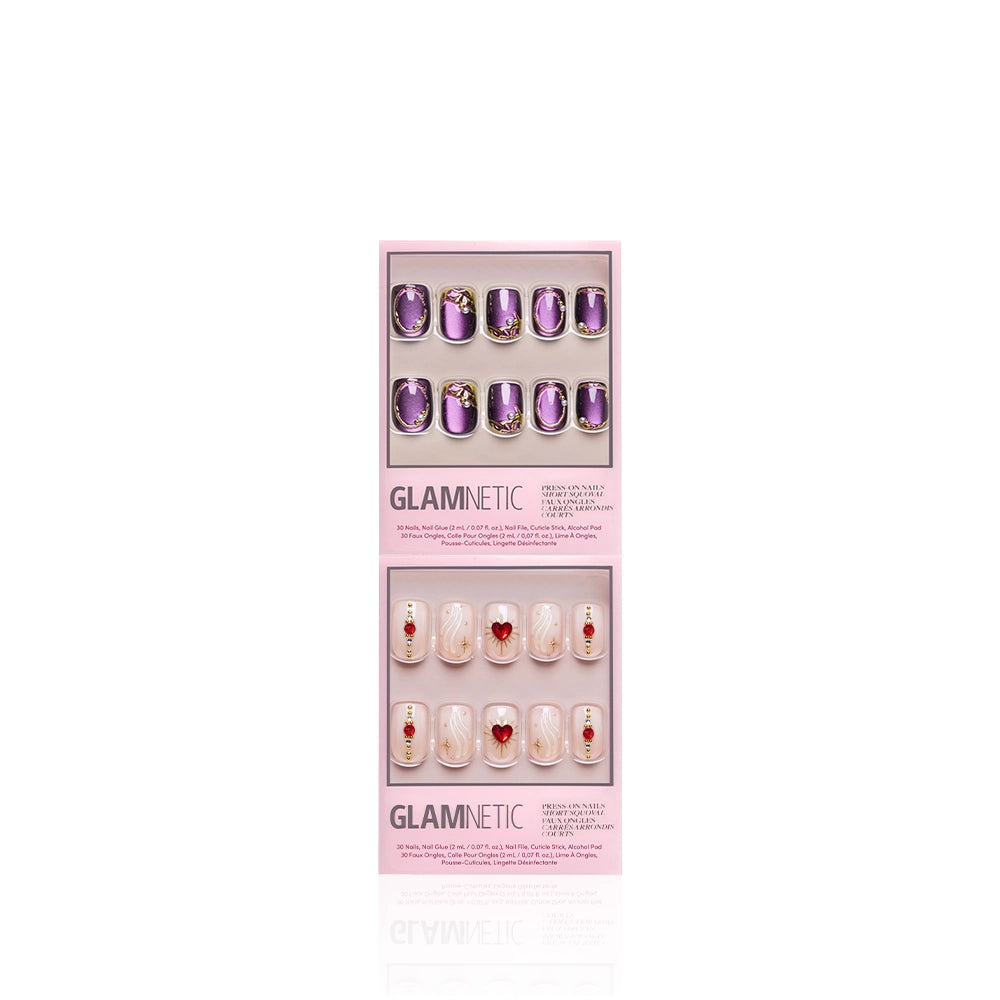 Two packs of Glamnetic press-on nails: the top set has purple with gold accents; the bottom, Squoval Stones, features nude short squoval nails with red heart designs. Both display the glamnetic logo on pink packaging.