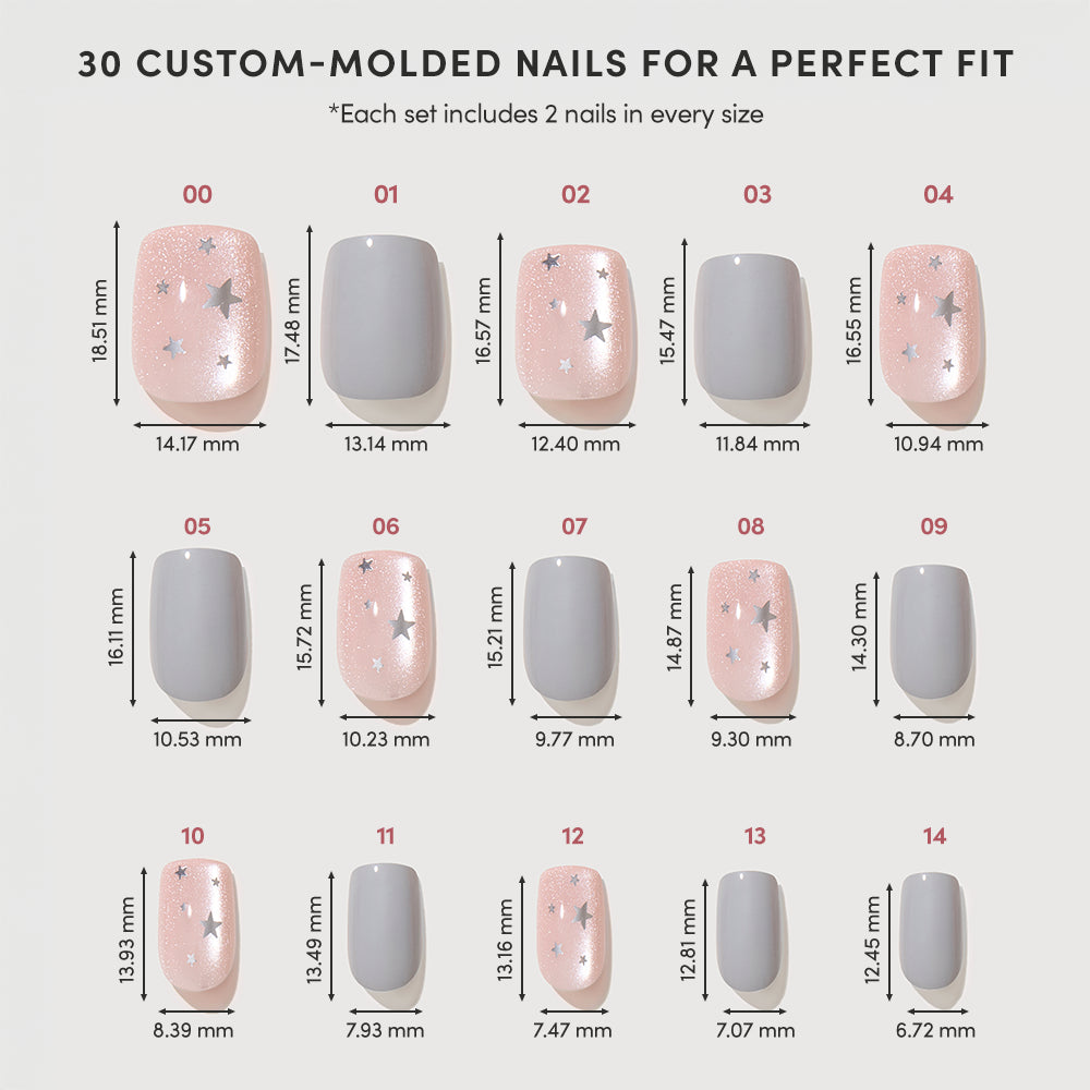 Starry Lights - A size guide for Starry Lights press-on nails showing 15 squoval pairs, ranging from glittery pink with star patterns to solid gray with a velvet finish, each labeled with its dimensions.