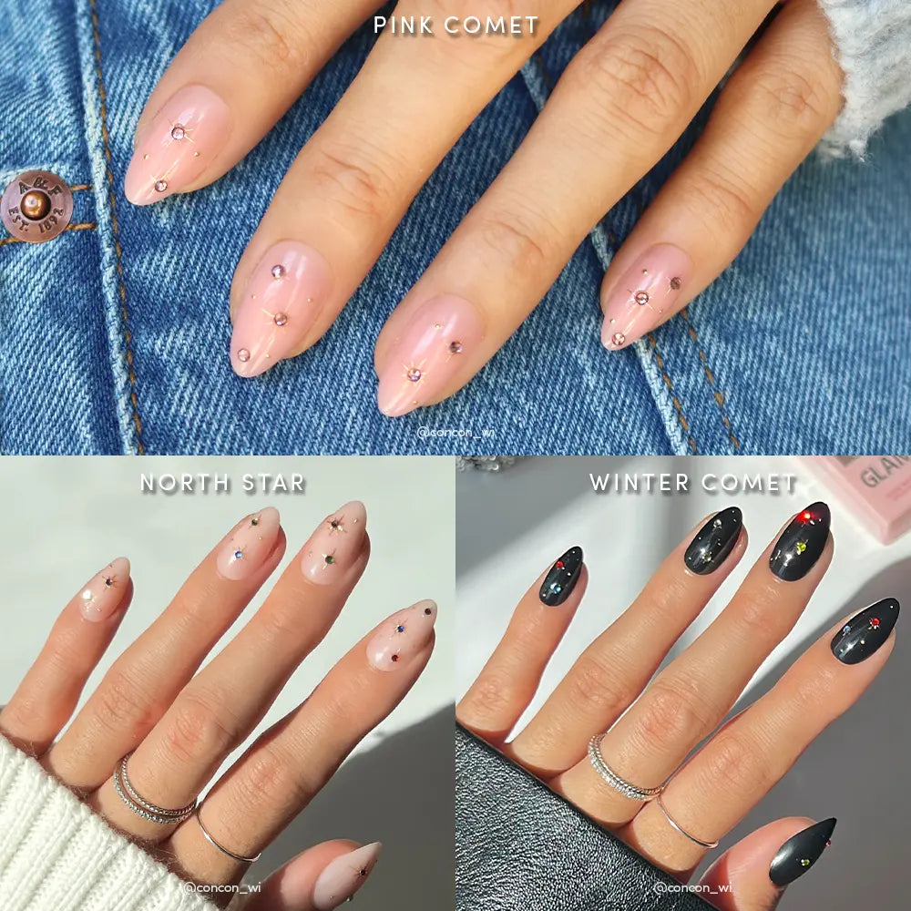 A collage shows three manicured styles using glamnetic’s Starry Skies: top is a short almond light pink with 3D gems, bottom left is nude with gold foil stars, and bottom right is glossy black with gem accents.