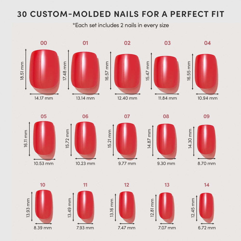 A chart shows 15 custom-molded Statement Red by glamnetic press-on nails, each labeled with a number and its width and length in millimeters. Every set includes two of each size for flawless short squoval nails. - Product image