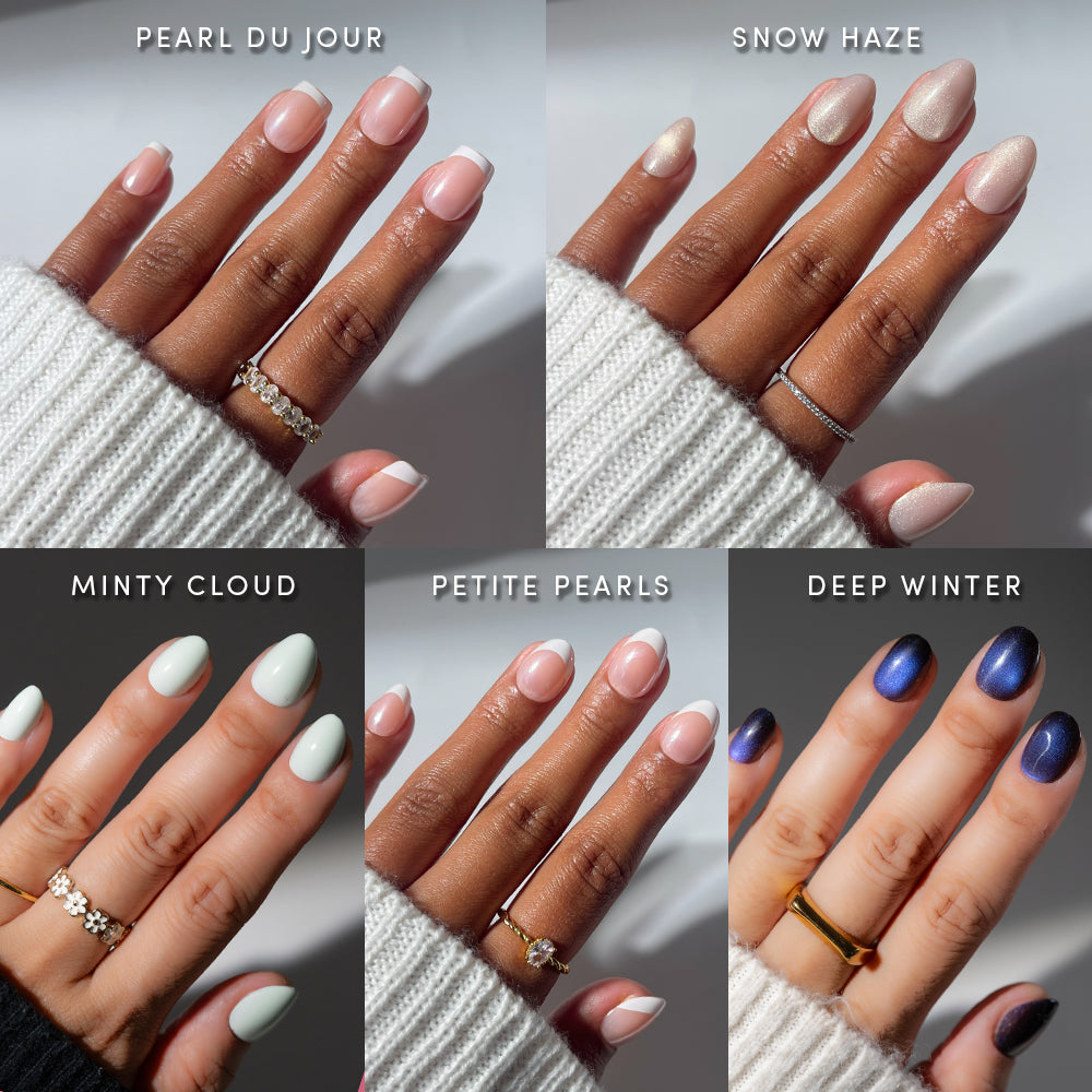 Four images highlight hands with perfectly manicured nails in the shades light pink, shimmery white, mint green, sheer nude, and metallic blue—all from the Stick Downtown collection by glamnetic. Each look is complemented by trendy rings and soft white or beige sweater sleeves, with every nail shade clearly labeled. These Quick Press Manis offer fresh style with zero glue required—simply press on for instant glamour straight from your favorite glamnetic nail bundle. - Product image