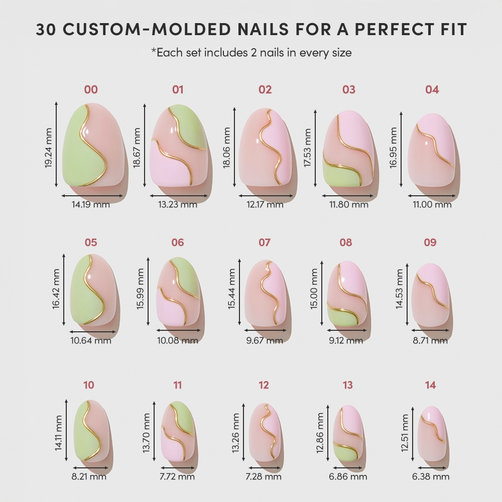 A chart displays 15 glamnetic Strawberry Matcha press-on nail tips, each size labeled. Pink and green café-cute nails with gold swirls. Text says: "30 custom-molded press-on nails for a perfect fit"—two of each size included. - Product image