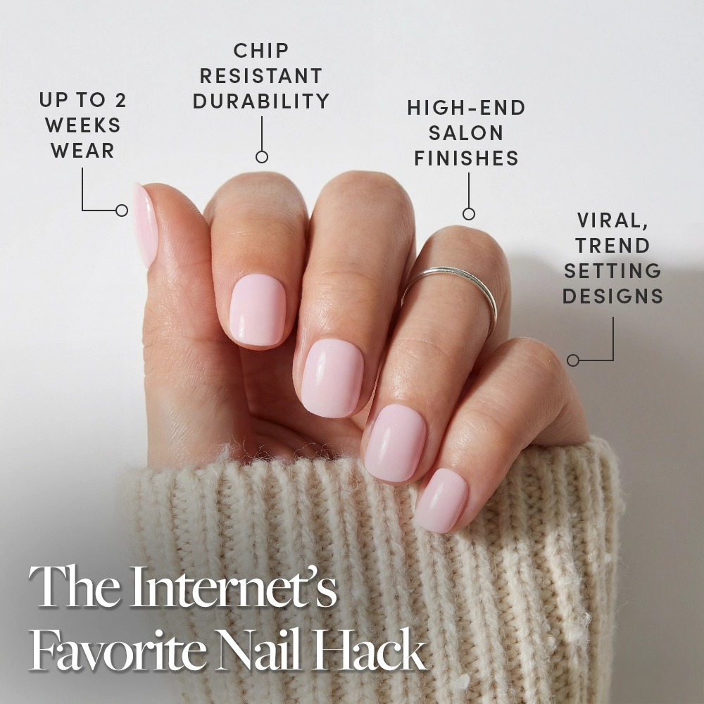 A hand with Sugar BB, glamnetic’s classic pink, glossy press-on nails, rests on a cream knit sleeve. Enjoy up to 2 weeks’ wear, chip-resistant durability, salon-quality finish, and trend-setting styles—The Internet’s Favorite Nail Hack. - Product image