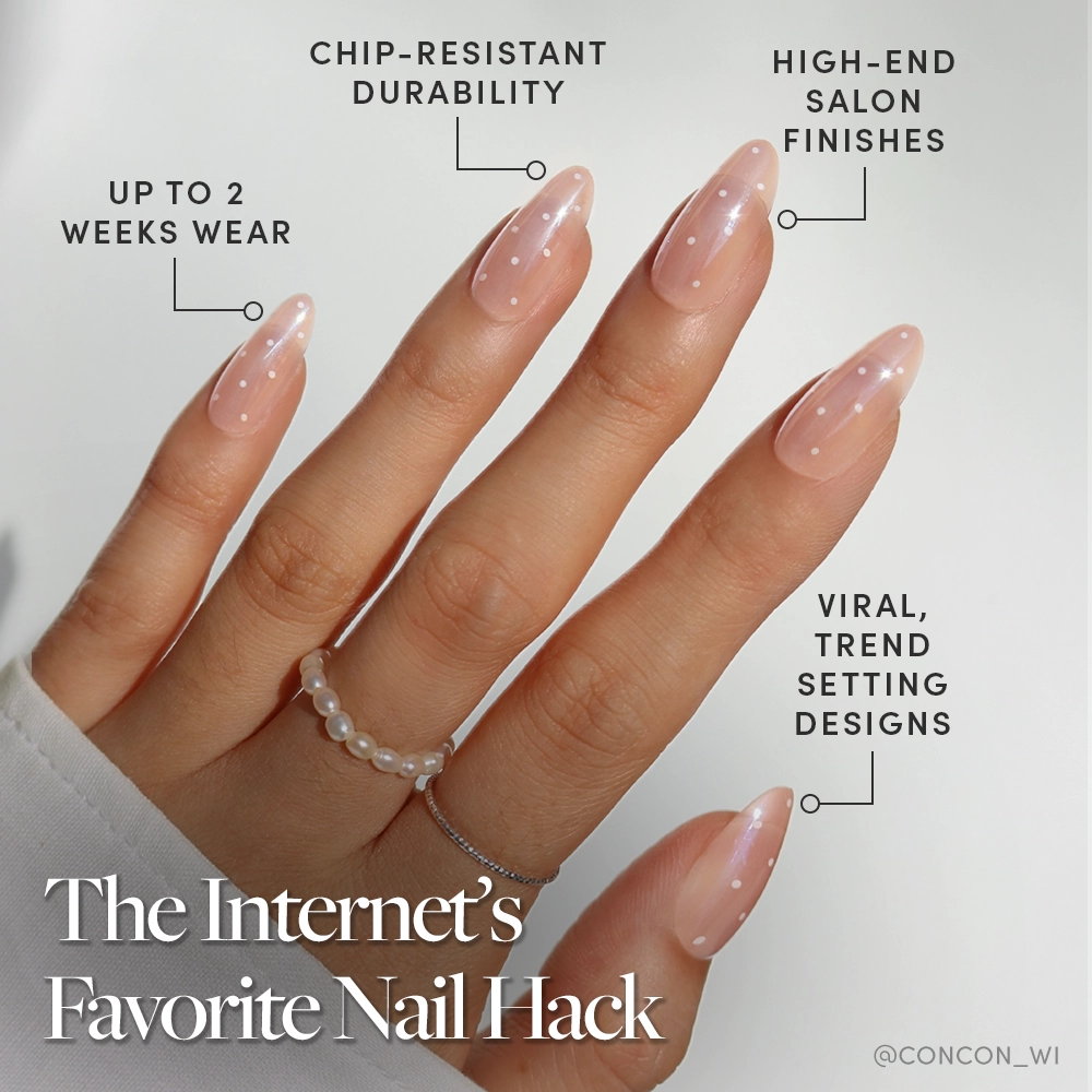 Nail polish with text highlighting features on a neutral background - Product image