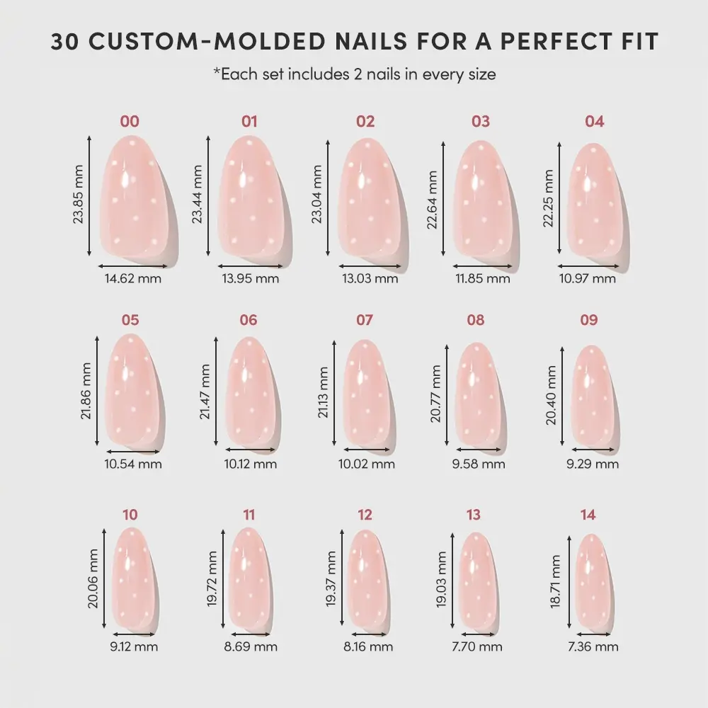 Chart showing measurements of pink nail shapes with labeled sizes on a white background. - Product image