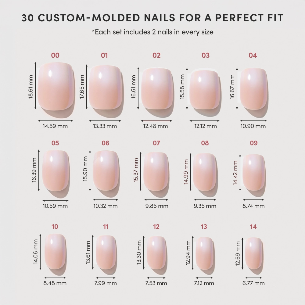 The Sugar Veil set by glamnetic displays 15 custom-molded nails, each numbered with millimeter dimensions, arranged in three rows. Top text reads: 30 salon-quality ombré French tip nails for a perfect fit. - Product image