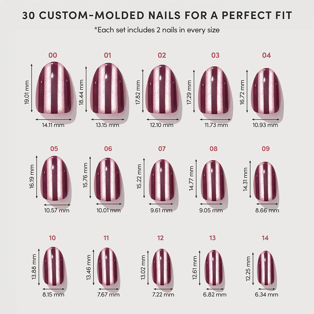 Thirty Sugar Stripes short oval press-on nails arranged in rows, labeled with numbers and precise height and width measurements in millimeters. - Product image