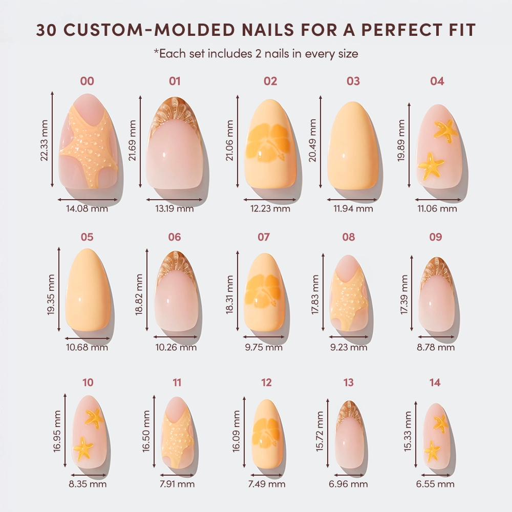 Sunny Shores by glamnetic features 30 custom-molded false nails in various sizes with pastel floral, star, and seashell designs for mermaid-inspired manicures, arranged in five rows with size measurements under each nail. - Product image