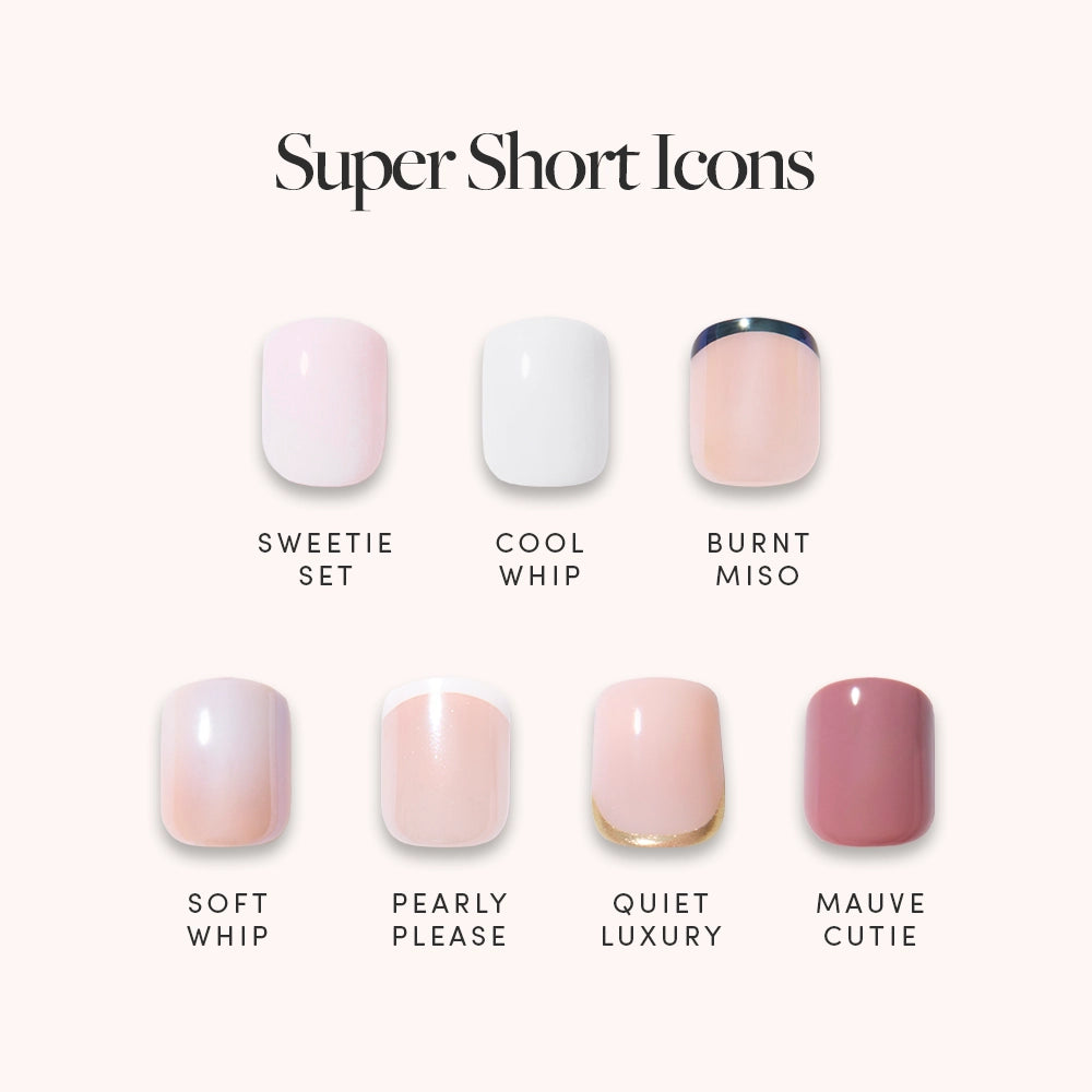 A chart showcases glamnetic’s Super Short Icons press-on nails, featuring milky shades like Sweetie Set and Pearly Please plus French tips such as Burnt Miso and Quiet Luxury in pink, white, gold, nude, and mauve.