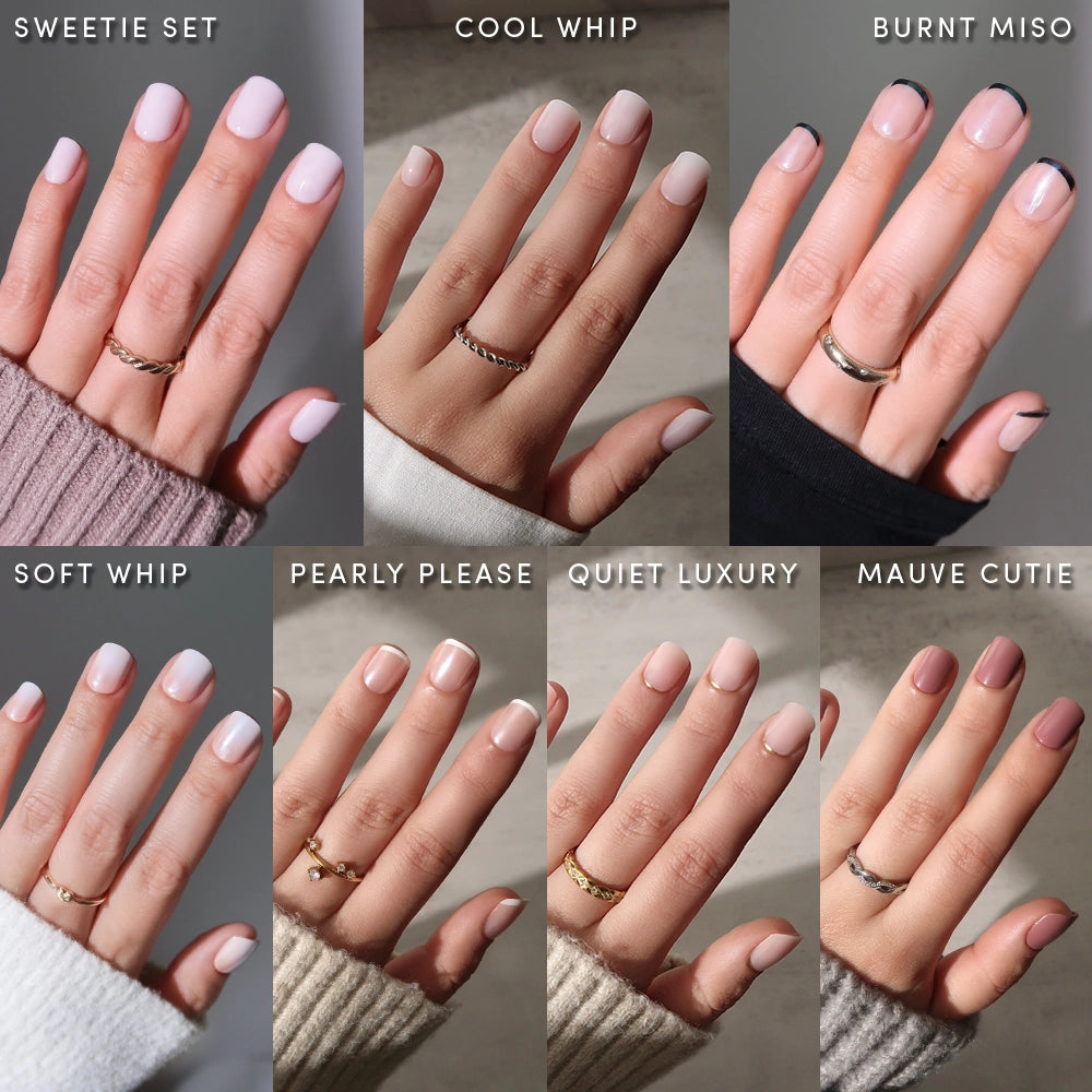 A collage of eight hands, each with glamnetic Super Short Icons press-on nails in nude or pastel hues. Sets shown: Sweetie Set, Cool Whip, Burnt Miso, Soft Whip, Pearly Please, Quiet Luxury, and Mauve Cutie.