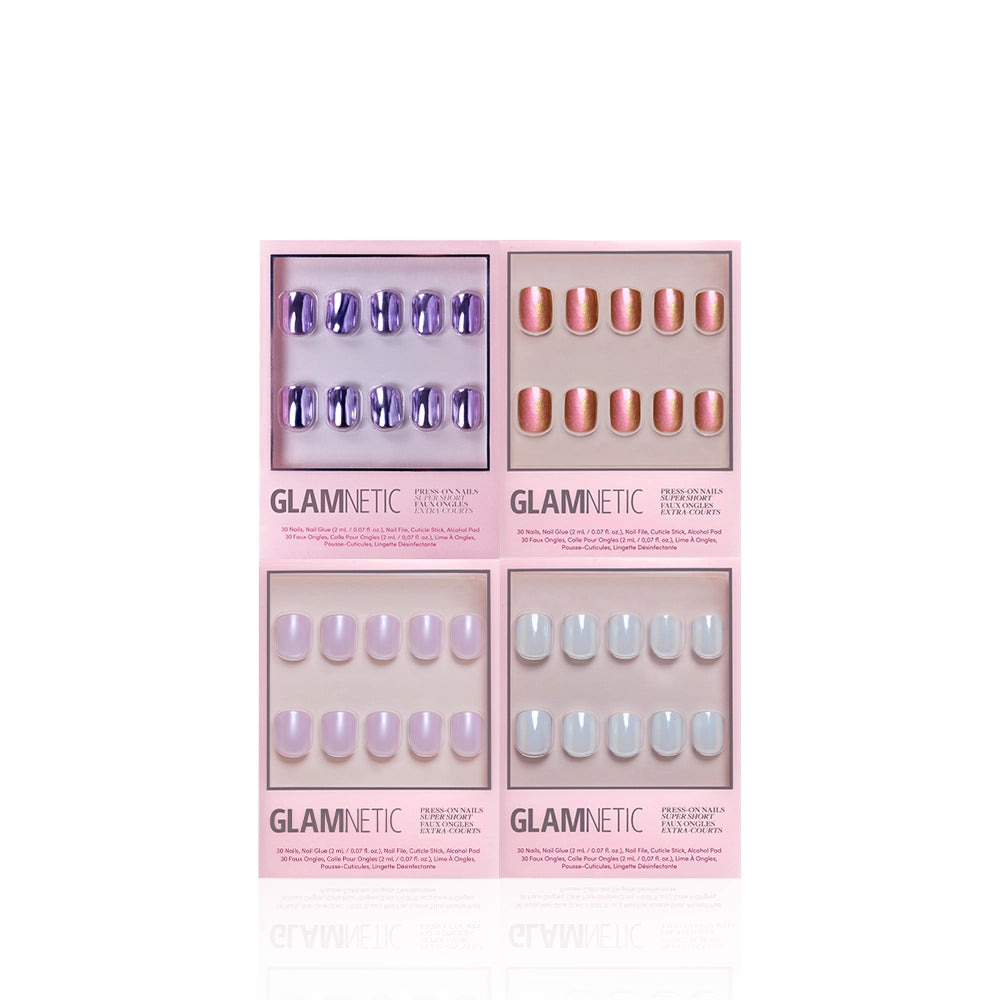 Four boxes of Glamnetic’s Super Short Spark Notes press-on nails, shown in metallic purple, peach, lavender, and light blue shades, are arranged in a 2x2 grid against a white background—perfect for achieving a flawless, salon-quality manicure at home. - Product image
