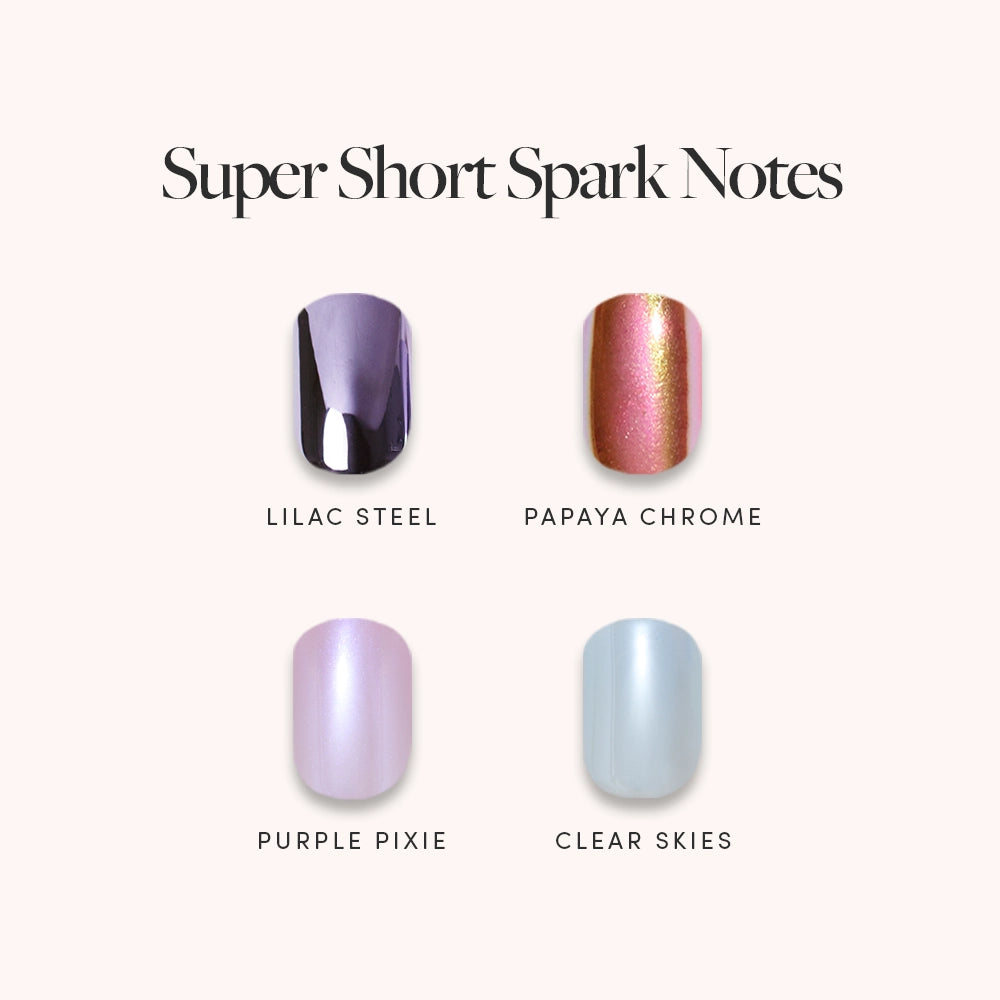 Experience salon-quality mani results with glamnetic’s Super Short Spark Notes press-on nails—featuring four nail polish samples in Lilac Steel, Papaya Chrome, Purple Pixie, and Clear Skies. Each distinct metallic or pastel shade pops beautifully on a light background, ideal for adding a touch of chrome to your super short press-ons.