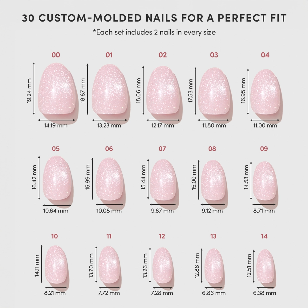 A chart displays 15 sizes of glamnetic Sweet Talk pink, glittery short oval press-on nails, numbered 00–14, with width and height in millimeters to show gradual size differences for a custom fit. - Product image