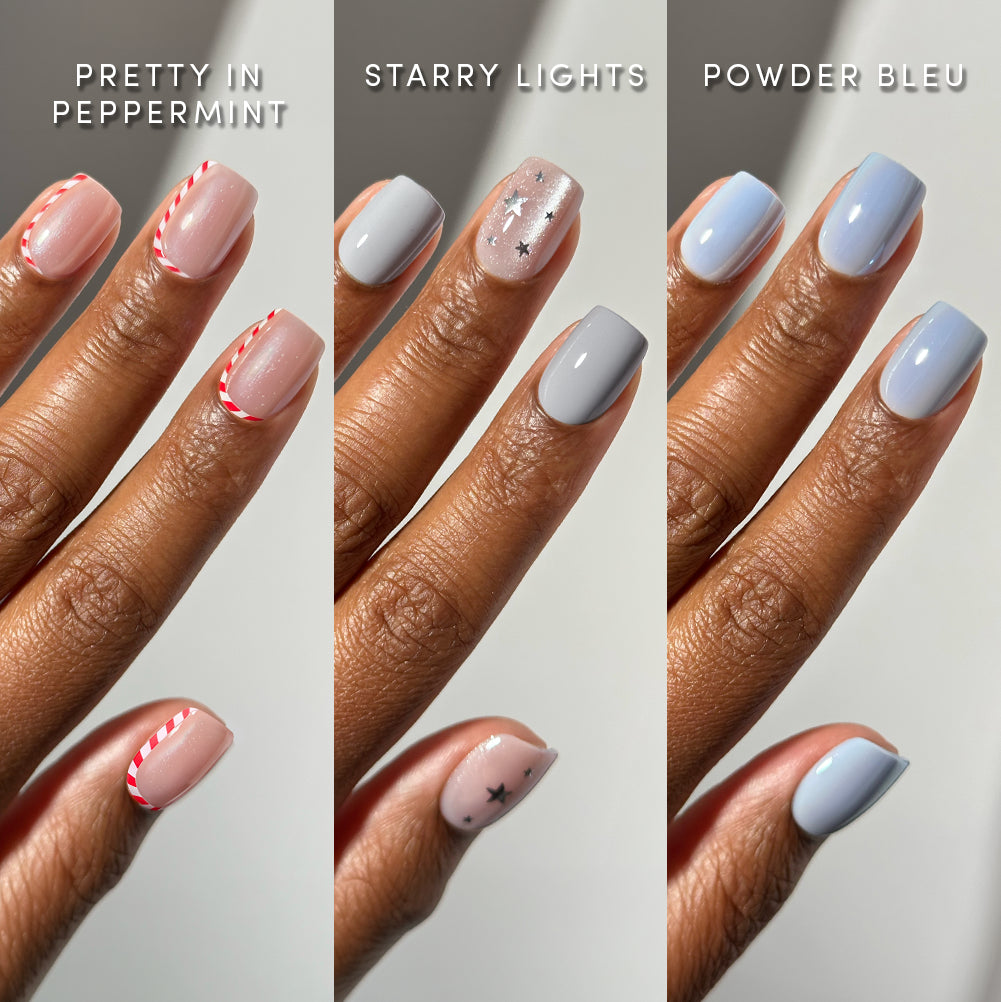'Tis the Season of Squovals - Three hands wearing ’Tis the Season of Squovals by glamnetic: the left set is nude with red and white candy cane stripes, the center set is grey with silver star accents, and the right set is solid light blue.