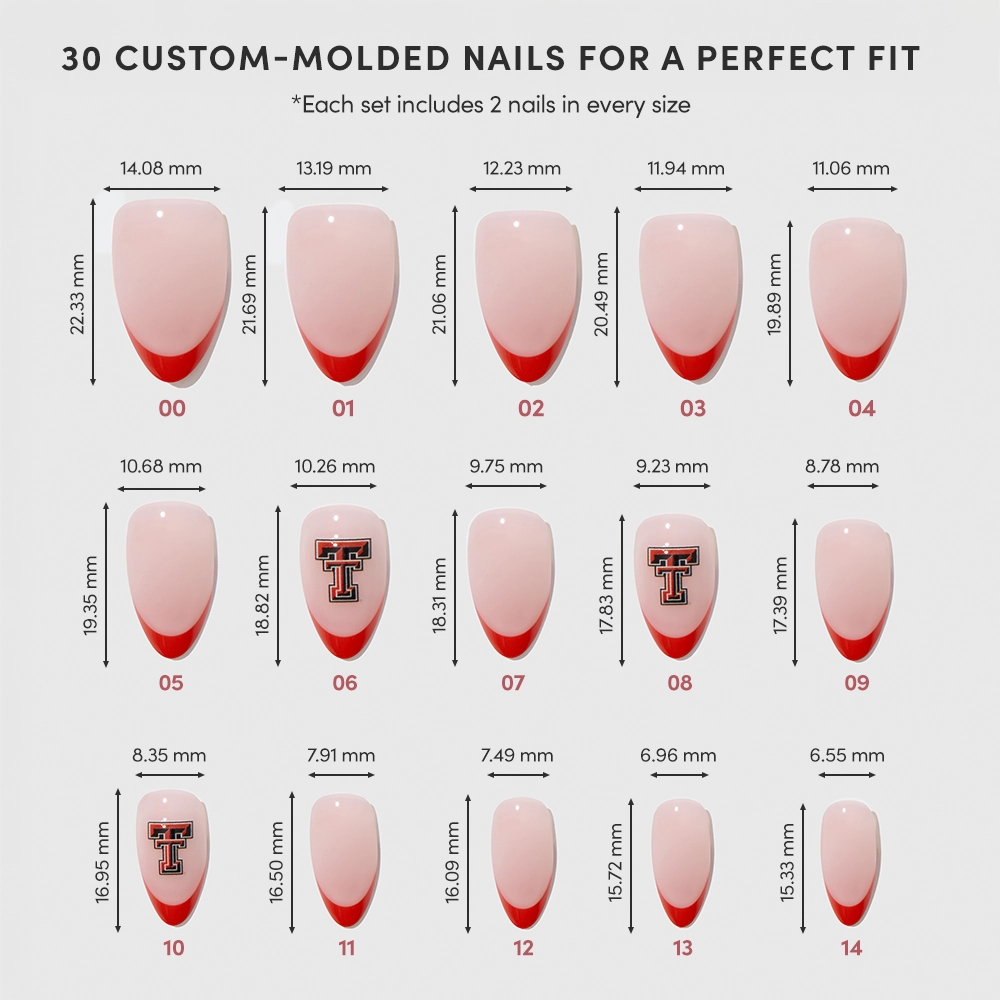 Chart displays 15 sizes of the glamnetic Texas Tech Red Raiders Press-On Nail Set, each labeled 01–15 with mm measurements. Red tip nails in sizes 06, 07, 10, and 11 feature a unique team logo for spirited nail art. - Product image