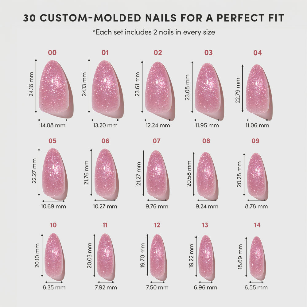 A grid shows 15 sizes of glamnetic's THE BEAUTY BLUEPRINT mauve press-on nails with pink glitter, each labeled with size numbers and millimeter measurements. The top text notes each set includes 2 almond nails in every size. - Product image