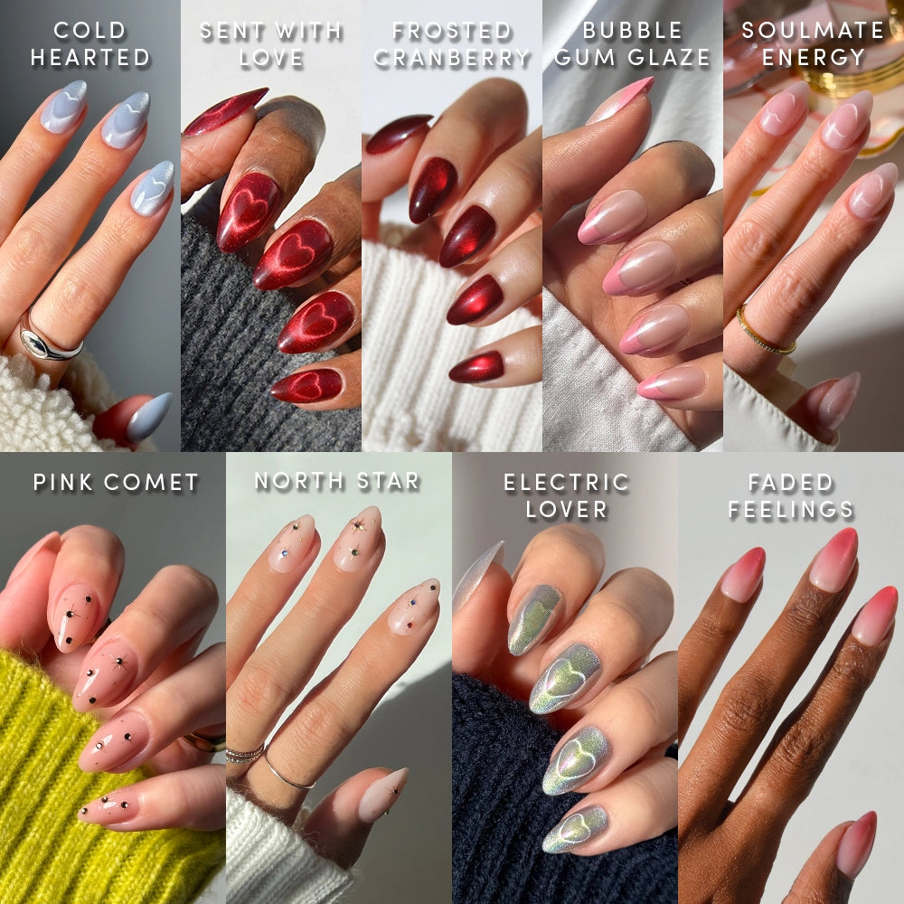 A collage of eight manicured hand designs from glamnetic’s The Almond Vault features short almond nails in styles: Cold Hearted, Sent With Love, Frosted Cranberry, Bubble Gum Glaze, Soulmate Energy, Pink Comet, North Star, and Electric Lover.