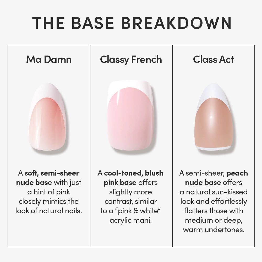 Glamnetic's "Class Act" features short almond vegan artificial nails in a chic peach nude shade—perfect for a stylish and cruelty-free manicure. - Product image