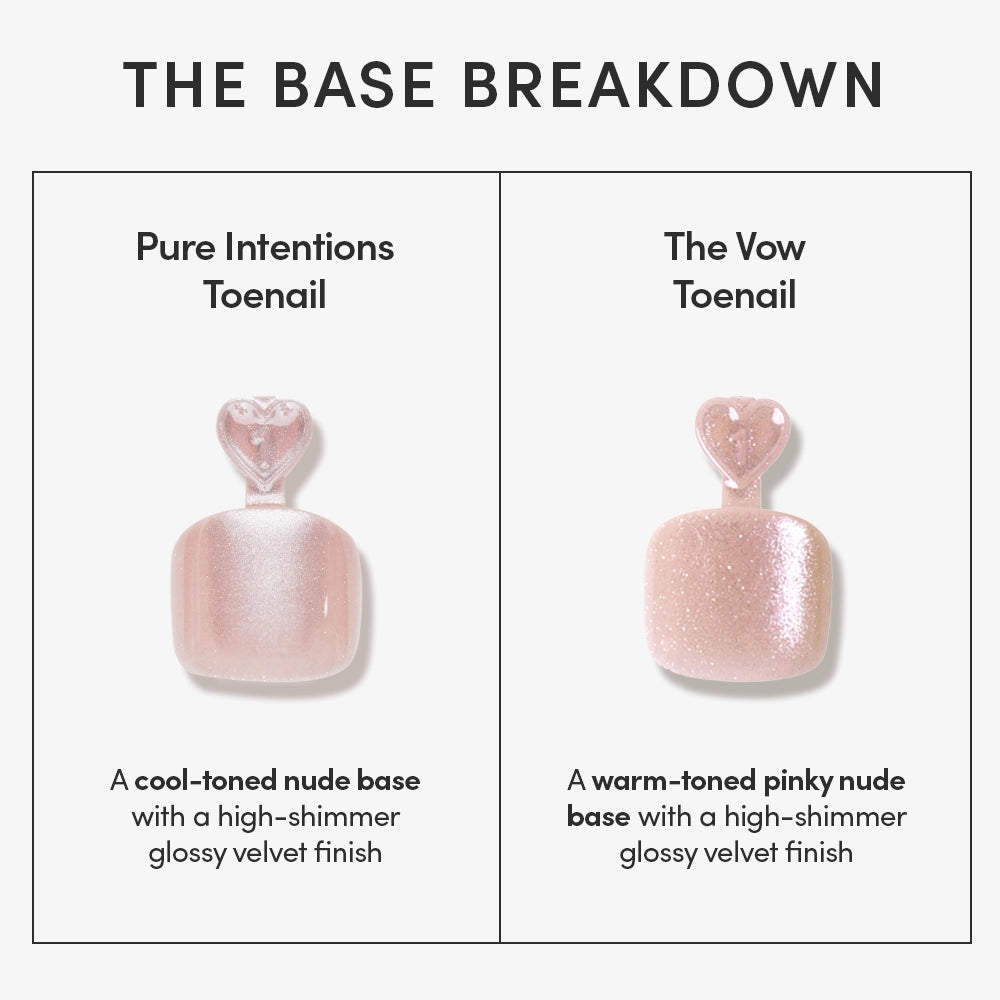 Two square glass bottles of glamnetic nude toenail polish: on the left is Pure Intentions, a cool-toned shade with a velvet finish; on the right is The Vow Toenail, a warm pinky nude with shimmer. Each vegan formula features a heart-shaped cap and descriptive text below. - Product image