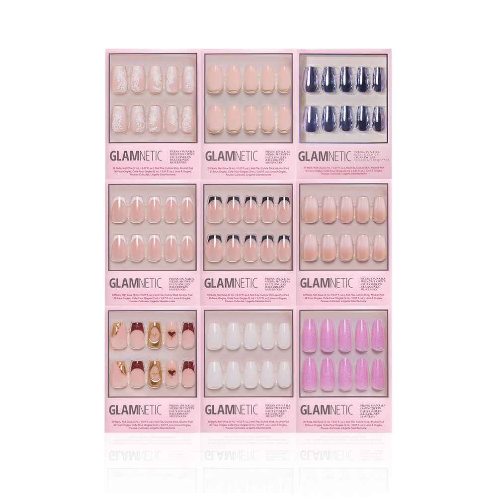 Nine sets of glamnetic The Coffin Vault press-on nails in assorted colors and designs—neutral, pink, navy, white, gold accents, and glitter—are arranged in a 3x3 grid on a white background. - Product image