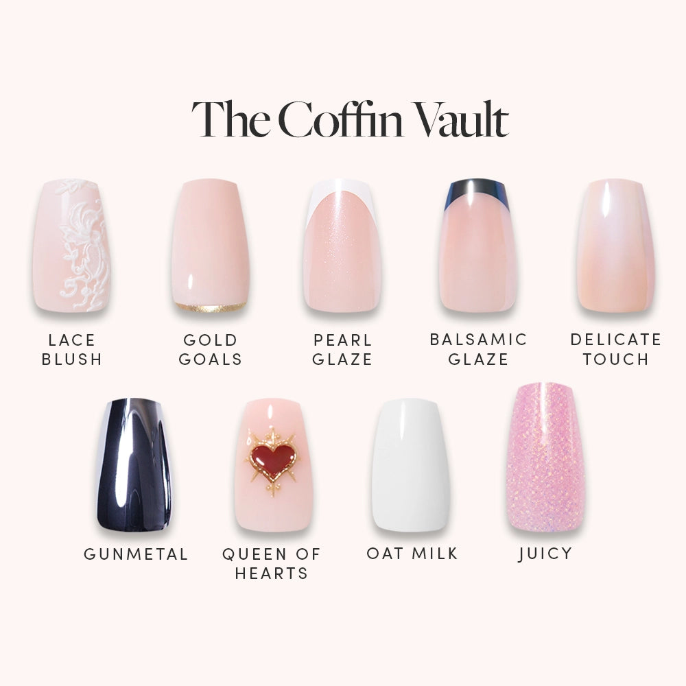 The Coffin Vault by glamnetic: nine coffin-shaped press-on nails in styles like lace blush, nude gold, pearl shimmer, black tip nude, sheer nude, glossy black, red with gold heart, creamy white, and pink glitter.