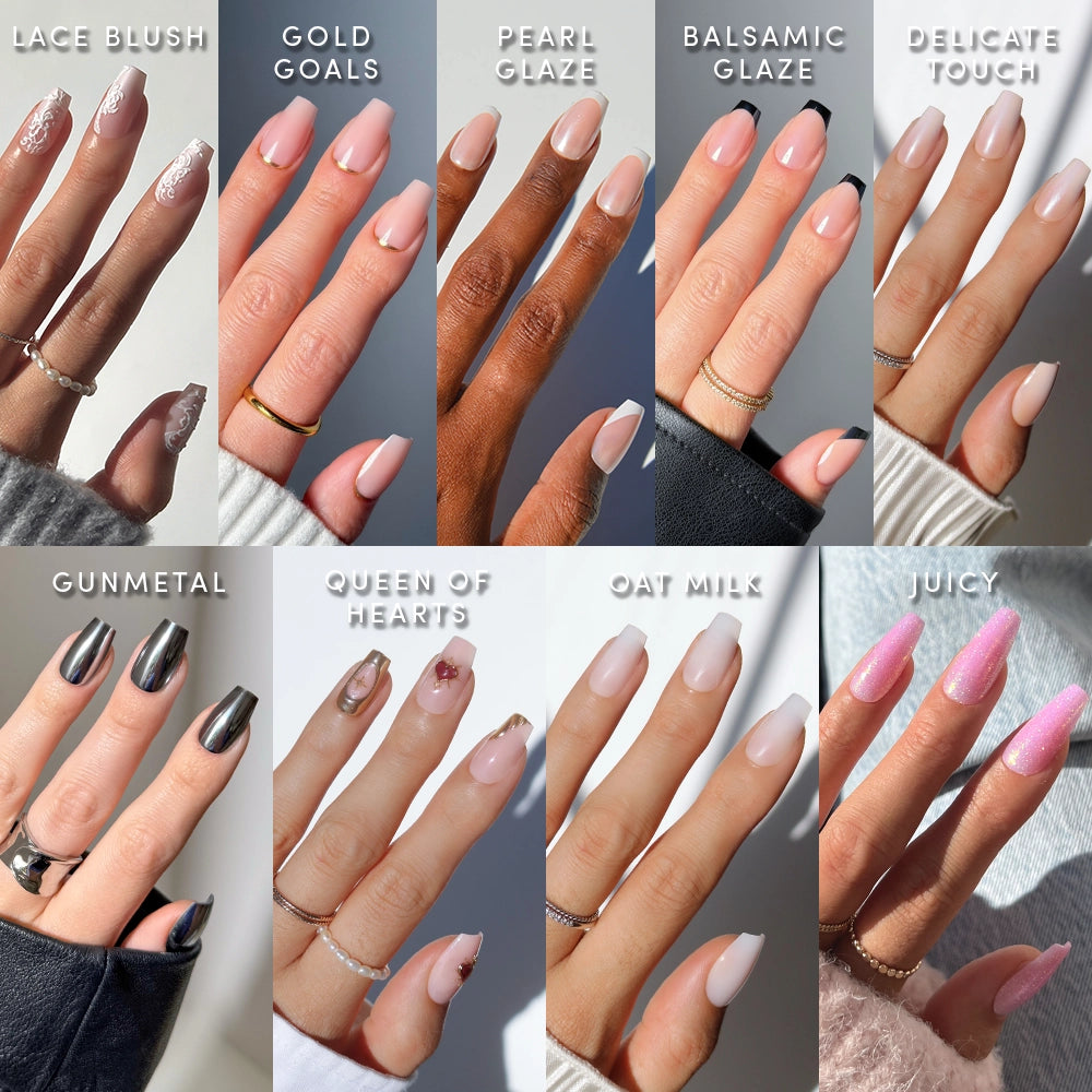 A collage of ten manicured hands flaunts The Coffin Vault by glamnetic, featuring chic neutral nail designs and trendy coffin shapes—perfect for every style.