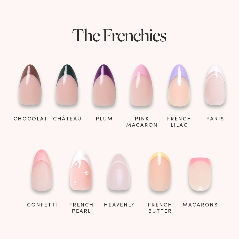 A set of ten almond French tip nails called The Frenchies by glamnetic, featuring pastel designs—brown, beige, purple, pink, lilac, white, ombre, pearl, and translucent—each with its own unique name.