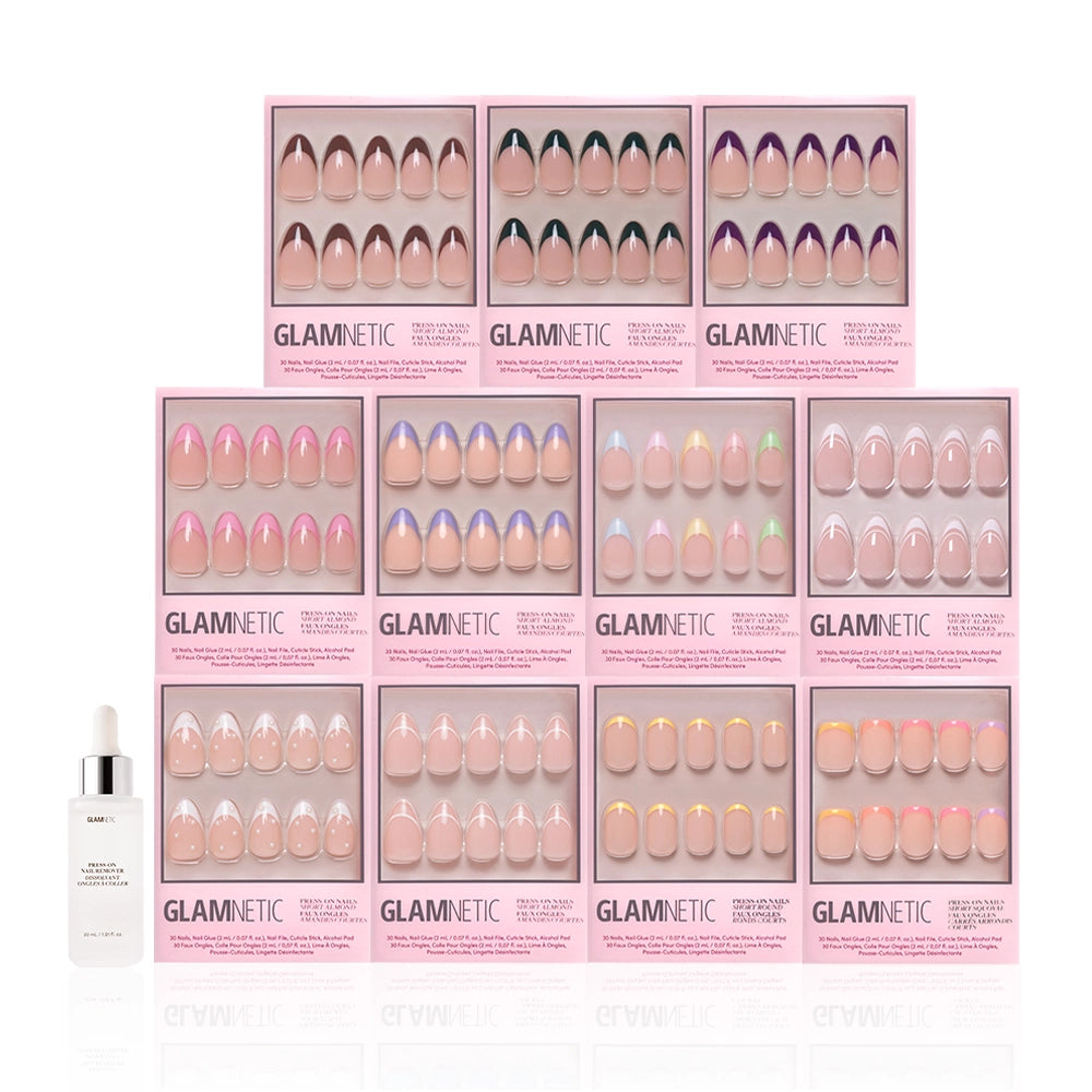 A display of ten glamnetic The Frenchies press-on nail sets in pink boxes, each featuring almond and pastel French tips, arranged in two rows with a small white dropper bottle placed in front. - Product image