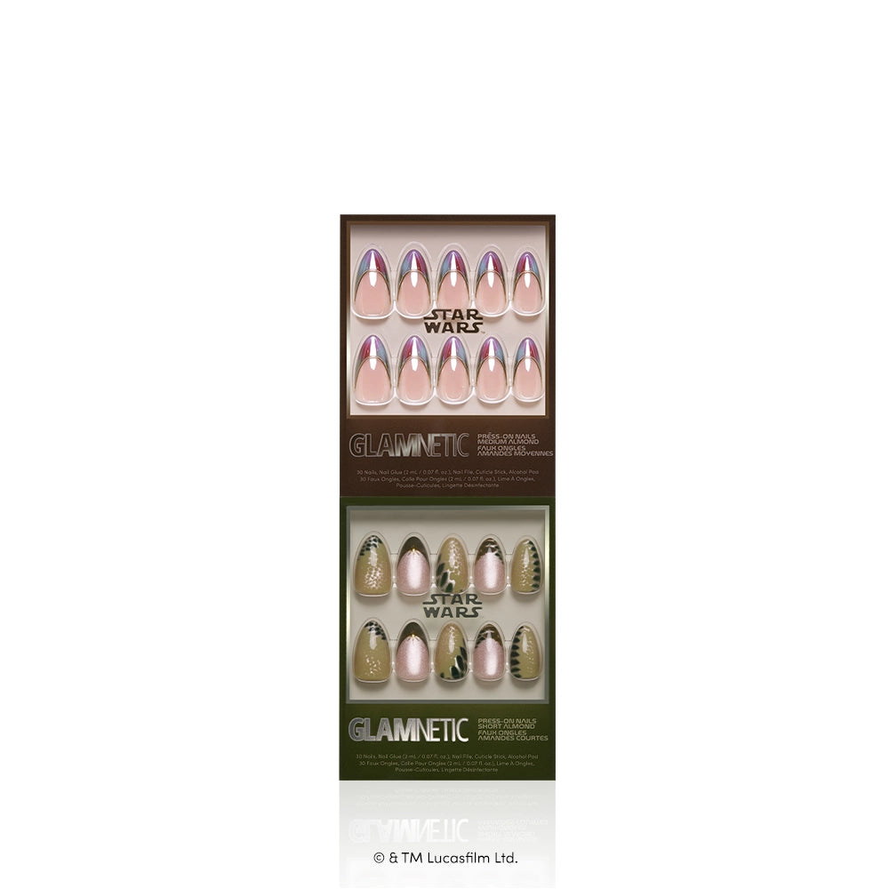 The High Council - Two sets of limited edition Glamnetic press-on nail kits called “The High Council” are showcased in boxes labeled Star Wars and glamnetic. The top set displays metallic pink and nude shades, while the bottom set features a Yoda-inspired manicure with green and nude colors accented by metallic details and signature STAR WARS designs.