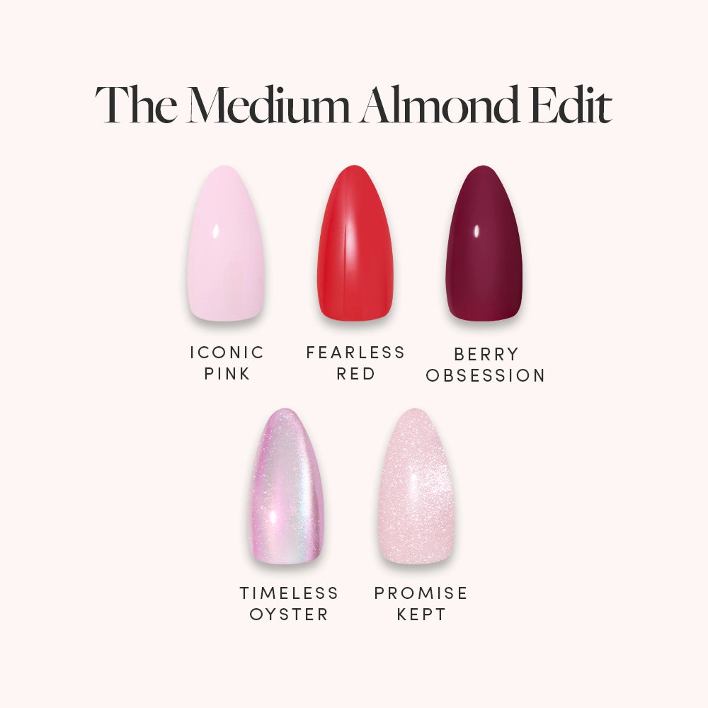 Five medium almond nails from glamnetic’s The Medium Almond Edit are shown: light pink (Iconic Pink), bright red (Fearless Red), dark berry (Berry Obsession), iridescent pearl (Timeless Oyster), and pale pink glitter (Promise Kept).