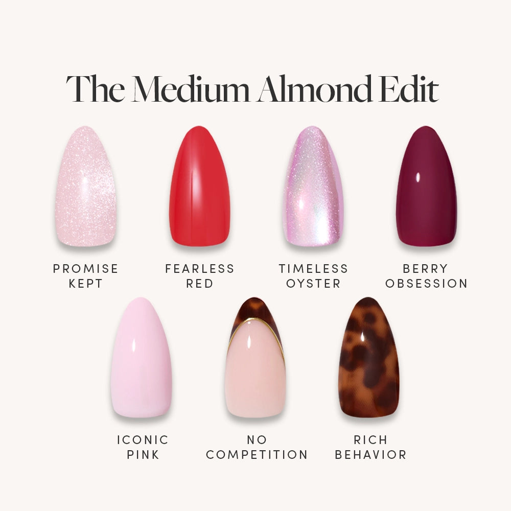 Six medium almond-shaped press-on nails from glamnetic's The Medium Almond Edit are shown: shimmery light pink (Promise Kept), bold red (Fearless Red), pearl pink (Timeless Oyster), burgundy, pastel pink, and tortoiseshell—a perfect manicure bundle.