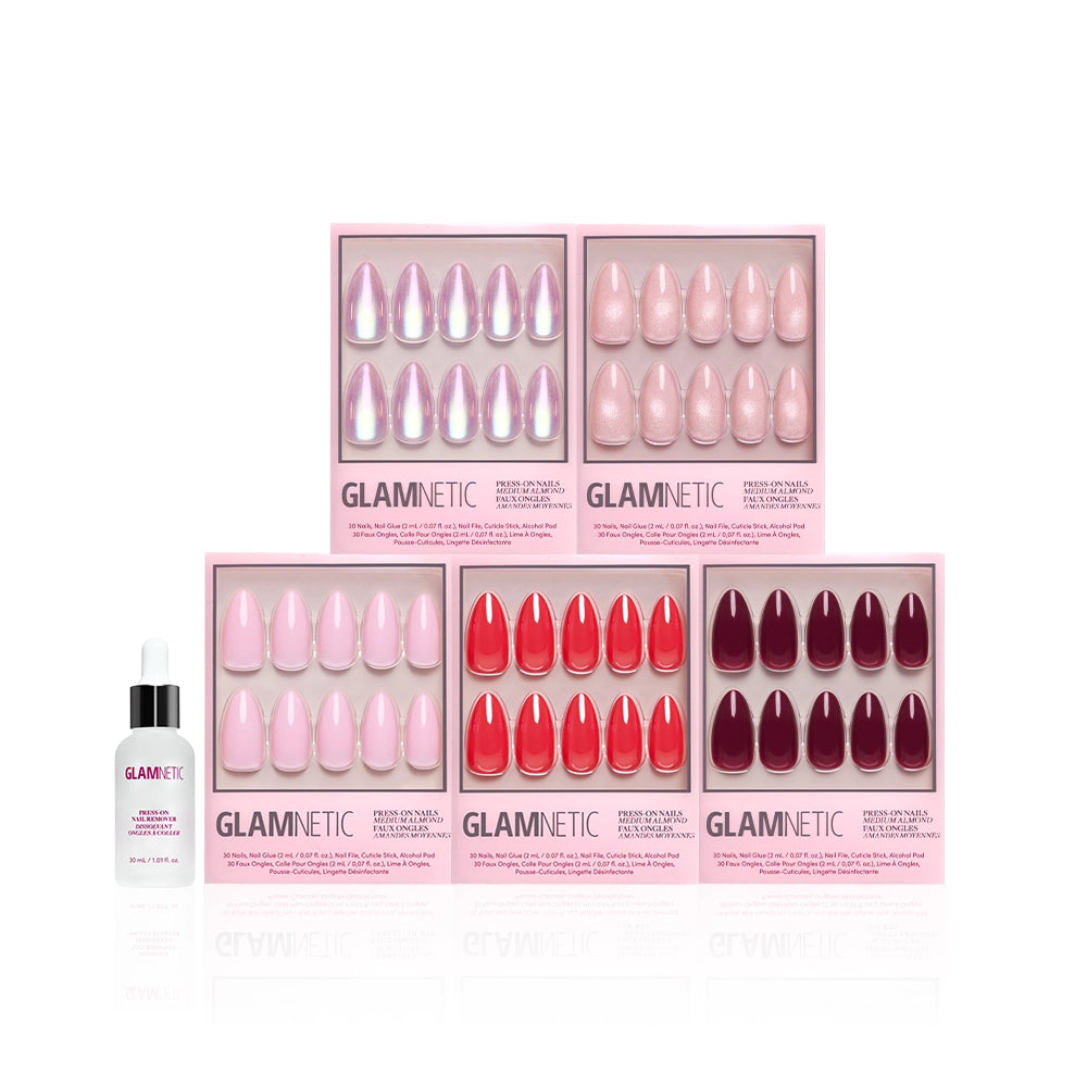 Six boxes of glamnetic The Medium Almond Edit press-on nails in pink, red, and burgundy shades are arranged in two rows on a white background, with a nail glue bottle in the lower left. This chic bundle features medium almond-shaped sets. - Product image