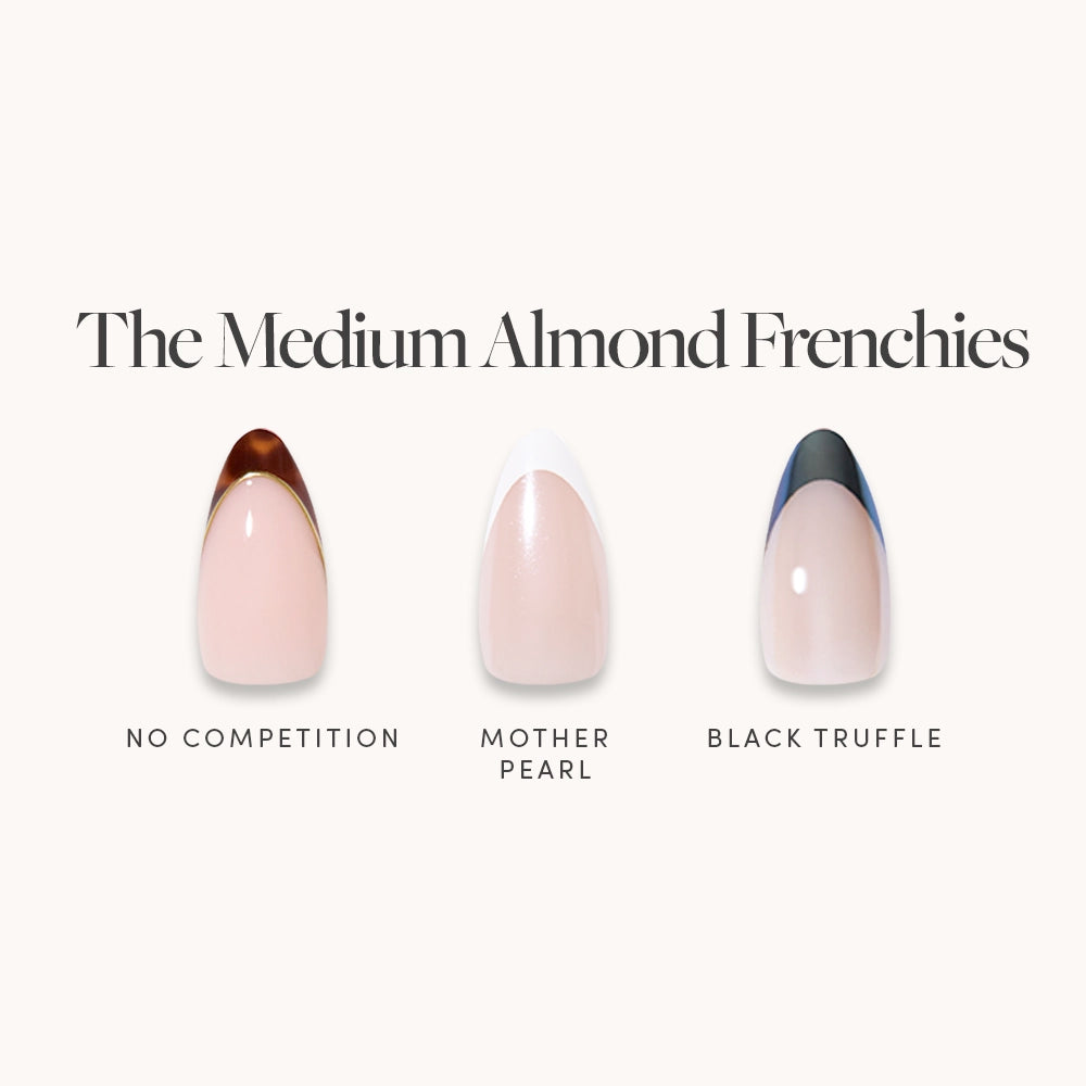 The Medium Almond Frenchies by glamnetic: three medium almond press-on nails feature French tips in brown (No Competition), pearl white (Mother Pearl), and black (Black Truffle) for an easy, stylish manicure.