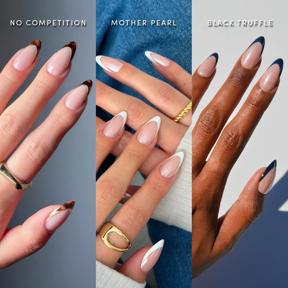 Three hands with The Medium Almond Frenchies by glamnetic—brown (No Competition), pearly white (Mother Pearl), and black (Black Truffle)—showcase chic press-on nails, each styled with minimalist rings.