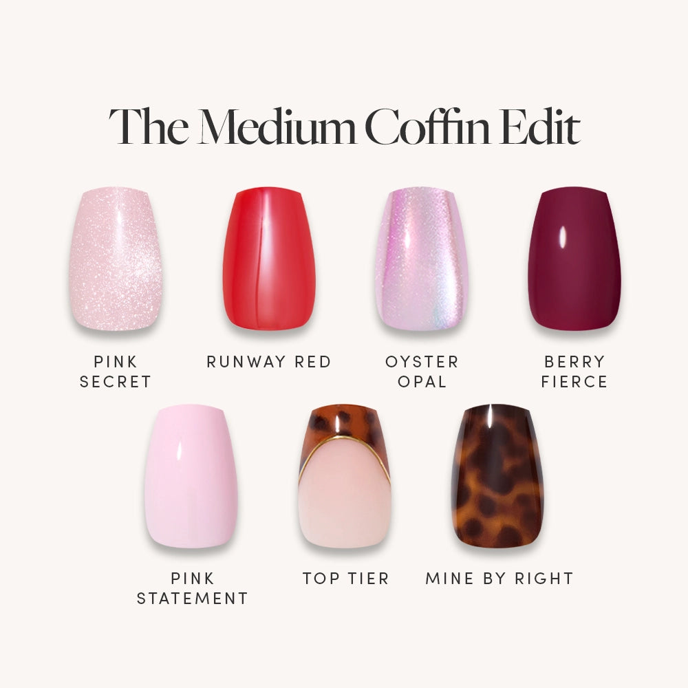 Discover The Medium Coffin Edit by glamnetic—a set of chic press-on nails in Pink Secret, Runway Red, Oyster Opal, Berry Fierce, Pink Statement, Top Tier (gold-tipped), and Mine by Right (tortoiseshell). Your mani wardrobe awaits!.